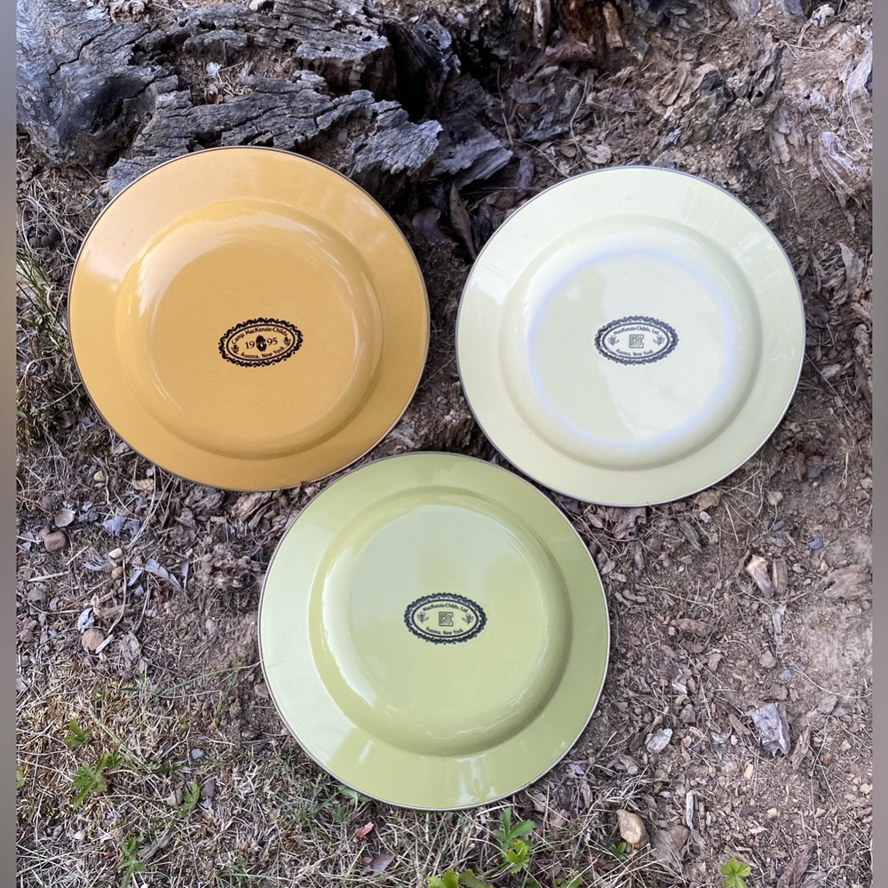 Three Mackenzie-Childs Vintage Enamel Floral Bowls in Apricot Green & Cream - Picture 7 of 10